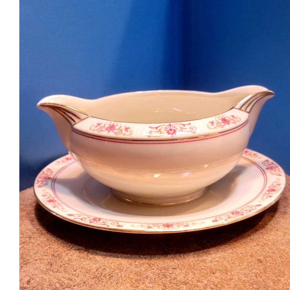 Coronado H&C Bohemia Gravy Boat Attached Underplate Pink Gold Czechoslovakia - Picture 8 of 9